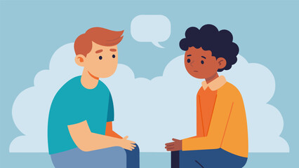 In the corner a pair of solemn teenagers talked about their experiences with mental health and the importance of speaking out and seeking help.. Vector illustration