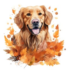 Golden retriever in a golden autumn leaf setting water color, drawing style, isolated clear background