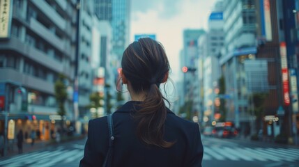 Future Crossroads: Young Japanese Businesswoman Amidst Skyscrapers, Reflecting on Career Paths and Uncertain Futures