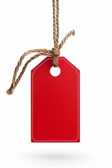 A 3D red empty label suspended against a white background