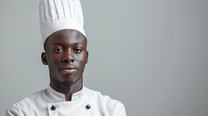 Young African chef in a crisp white and black chef's uniform. Accented with a traditional chef's hat. She stands on a pure white background. There is space left for text.