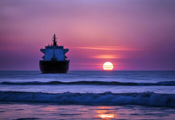 Fototapeta premium sunset colorful sea ship north cargo tanker netherlands background shipping container globalisation business industry open blue export freight trade logistic equipment