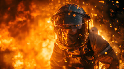 Fototapeta premium Brave Firefighter in Action Against Raging Flames at Sunset