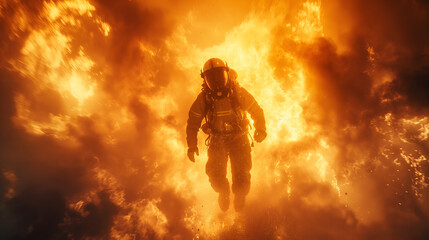 Fototapeta premium Brave Firefighter in Action Against Raging Flames at Sunset