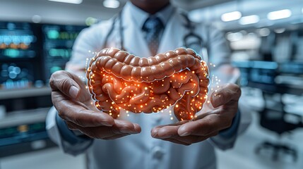Physician with human Colon anatomy replica demonstrating conditions such as Colonic ailment, Intestinal disorder, Colorectal tumor, Ulcerative inflammation, Diverticular ailment - obrazy, fototapety, plakaty