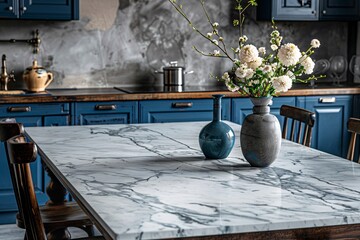 Minimalistic marble dining table in Nordic-style kitchen with contemporary black and white decor and pops of blue, adorned with tableware and floral arrangements. - 798501254
