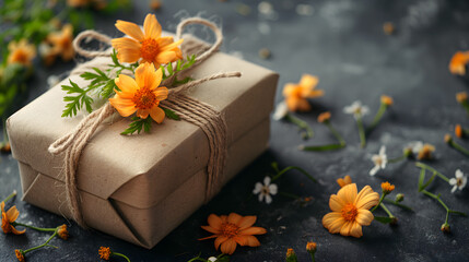 Eco-Friendly Gift Packaging with Natural Decor on Dark Surface