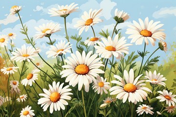 Fototapeta premium White daisies on a vibrant green field, sunny day water color, drawing style, isolated clear background