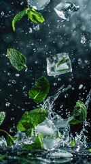 splashes, mojito, mint leaves, ice cubes, copy space