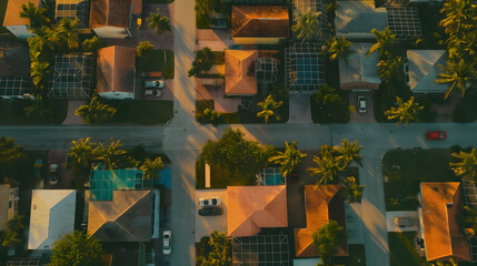 Aerial View of Suburban Neighborhood at Sunset with Lush Greenery