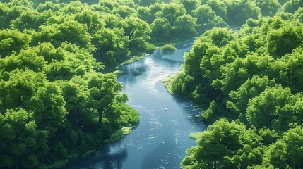 Naklejka na ściany i meble A computer-generated image of a stream winding through a lush woodland filled with verdant foliage.