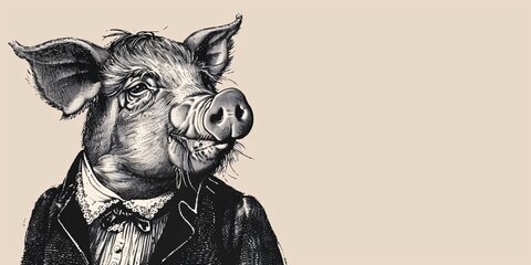 Victorian era pig portrait in vintage illustration using hand-drawn engraving and pen and ink. - 798501668