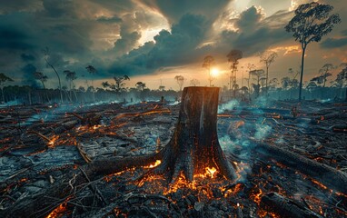 Naklejka premium The burning and cutting down of trees is leading to the devastation of our environment, exacerbating the effects of climate change and contributing to the rise in global temperatures.