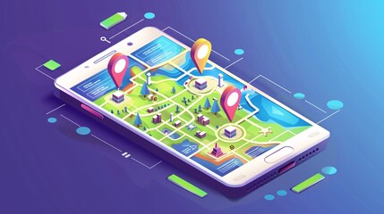 A futuristic GPS map app for navigating a territory with isometric graphics and a route tracking dashboard. - 798501808