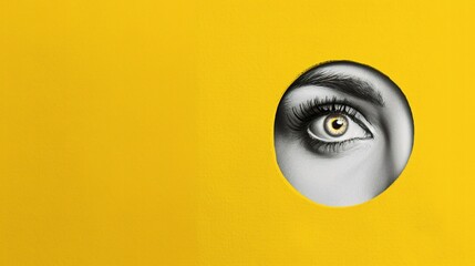 Mysteries revealed. Woman's gaze peering through keyhole on yellow backdrop. Modern mixed media. Abstract concept of innovation, imagination, and motivation. - 798501809
