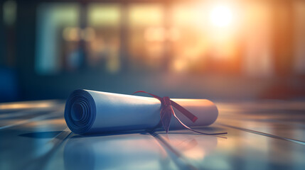 Elegant Rolled Diploma Certificate with Red Ribbon at Sunset