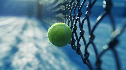 Sunlit Tennis Ball Resting Against the Net on a Court