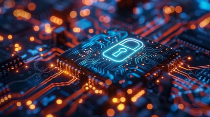 An intricate circuit board displays a glowing blue padlock symbol, illustrating concepts of cybersecurity and digital data protection.