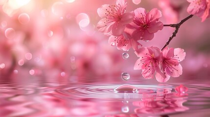 A serene spring scene with pink cherry blossom branches, dew drops on a calm water surface, and gentle sunlight filtering through the trees, creating a tranquil and soft atmosphere in nature.