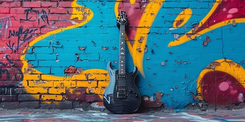 A sleek black electric guitar stands in the foreground against a colorful graffiti-painted wall, embodying urban street music and culture.