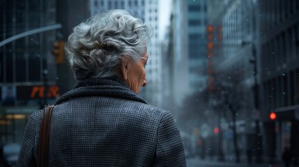 Fototapeta premium Enduring Ambitions: Elderly Businesswoman Stands Alone Amid Urban Skyscrapers, Reflecting Career Longevity and Retirement Transition