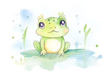 a watercolor painting of a happy frog sitting on a lily pad in a pond, surrounded by tall grass