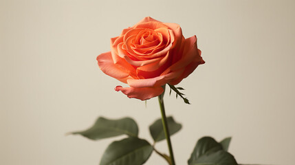 Single Orange Rose with Leaves on a Neutral Background