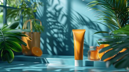 Promotional template for sunscreen with 3D illustrations of tube and jar on a colorful backdrop with tropical plants. - 798503091