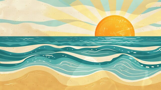 Vintage style illustration of a serene beach sunset with waves and sunbeams