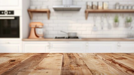 A wooden tabletop against a blurry kitchen backdrop, suitable for showcasing products or creating designs. - 798503442