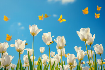 White Tulip Flowers field with yellow butterflies in sunny day with blue sky at summer, summer flowers, summer holiday theme.