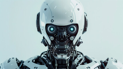 Detailed close-up of a robot face, futuristic technology and artificial intelligence.