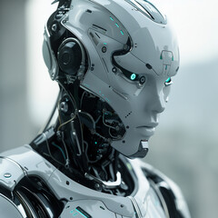 Detailed close-up of a robot face, futuristic technology and artificial intelligence.