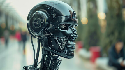 Detailed close-up of a robot face, futuristic technology and artificial intelligence.