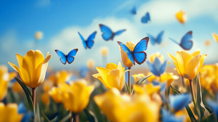 Yellow Tulip Flowers field with blue butterflies in sunny day with blue sky at summer, summer flowers, summer holiday theme.