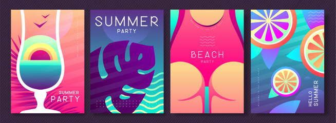 Set of fluorescent summer posters with summer attributes. Cocktail silhouette, tropic leaf, girl in swimsuit and fruit slices. Vector illustration