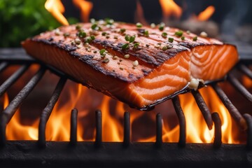 'grilled salmon flaming grill bar-b-q fish roasted roast grilling seafood meat food cooking cook cooked steak fire flames meal pepper fried delicious closeup red epicure rosemary dinner healthy lunch'