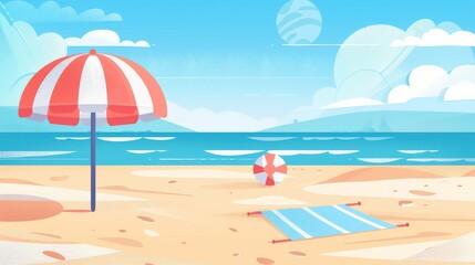 Sunny beach day with umbrella and serene ocean views