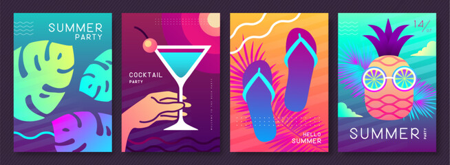 Set of fluorescent posters with summer attributes. Cocktail cosmopolitan, tropic leaf, flip flops and pineapple with glasses. Vector illustration - obrazy, fototapety, plakaty