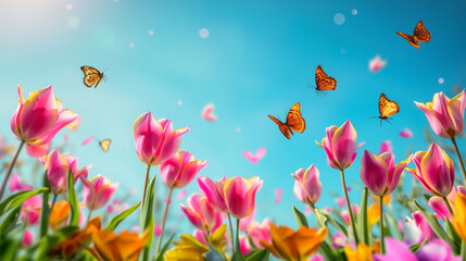 Pink Tulip Flowers field with butterflies in sunny day with blue sky at summer, summer flowers, summer holiday theme.