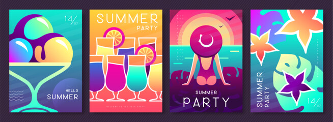 Set of fluorescent summer posters with summer attributes. Cocktail silhouette, tequila sunrise, ice cream, tropic leaves and girl on the beach. Vector illustration - obrazy, fototapety, plakaty