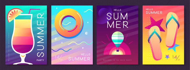 Set of fluorescent summer posters with summer attributes. Cocktail silhouette, tequila sunrise, hot air balloon, swim ring and flip flops. Vector illustration