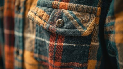 A close up of the chest pocket on a stylish plaid shirt made from cozy wool fabric