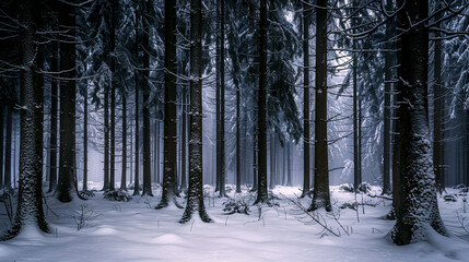 Snow forest. Midnight snow forest. Midnight dark background. Forest. Wood. Generate AI.