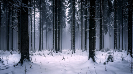 Snow forest. Midnight snow forest. Midnight dark background. Forest. Wood. Generate AI.