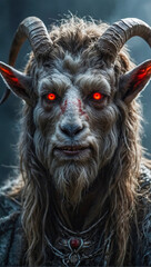 goatman stands in the mist of an unsettling forest with eerie frightening eyes glowing red