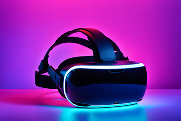VR headset, virtual reality glasses, futuristic purple neon light and a digital mobile technology background concept