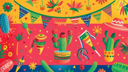Vibrant fiesta themed illustration with cacti sombreros and maracas