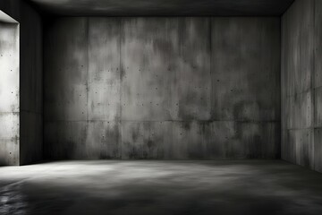 A large, empty room with a concrete wall and a window