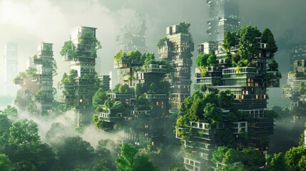 Splendid environmental awareness city with vertical forest concept of metropolis covered with green plants. Civil architecture and natural biological life combination. Digital art generative AI